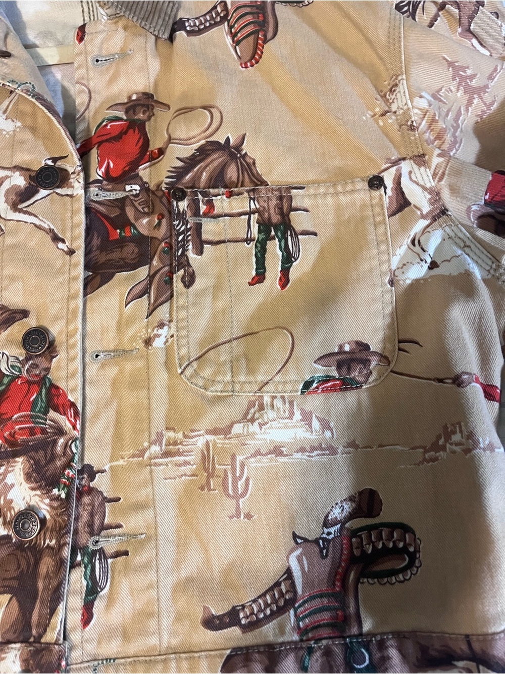 Rare Vintage Ralph Lauren Tan Western Rodeo Print Corduroy-Collar Jean Jacket - Picture 4 of 8